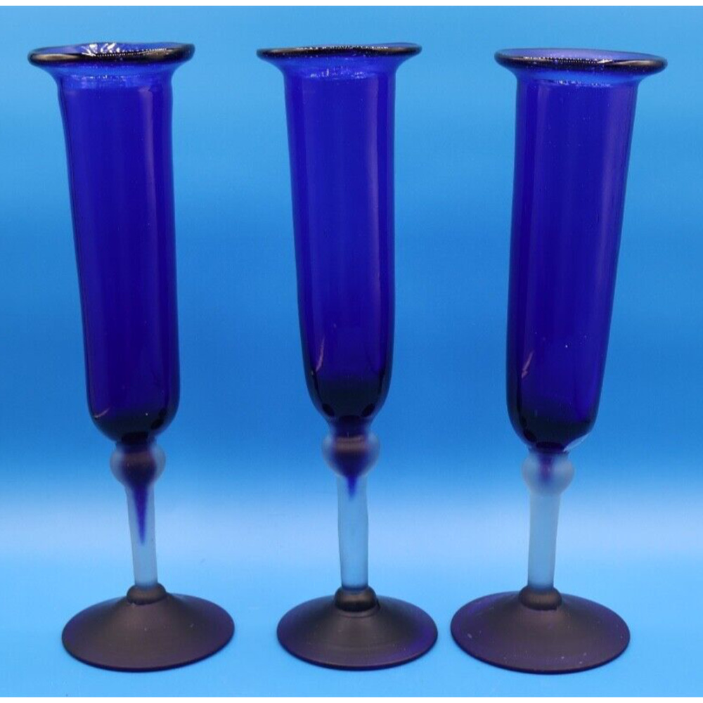 Set Of 3 Cobalt Blue Fluted Glass with Flat Rim Frosted‎ Stem Art Decor.